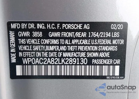 2020 Porsche 718 Cayman Gt4 z USA, uszkodzony, nr VIN WP0AC2A82LK289130